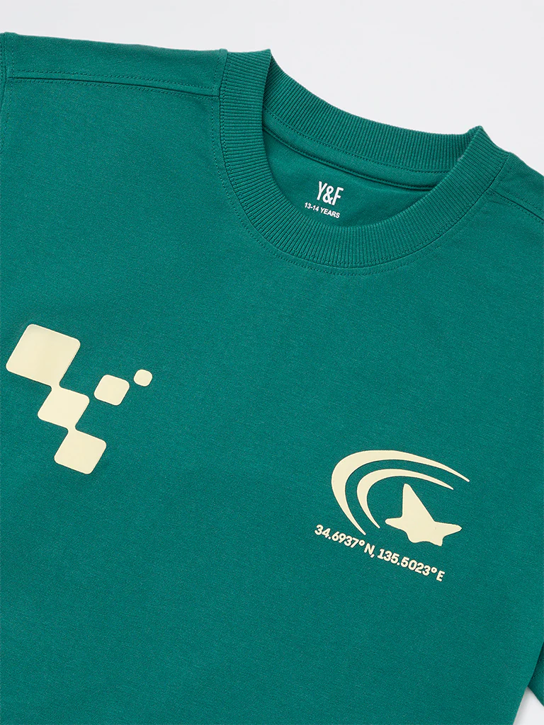 Y&F Kids Boys Green Graphic Printed Cotton T-Shirt - Image 4