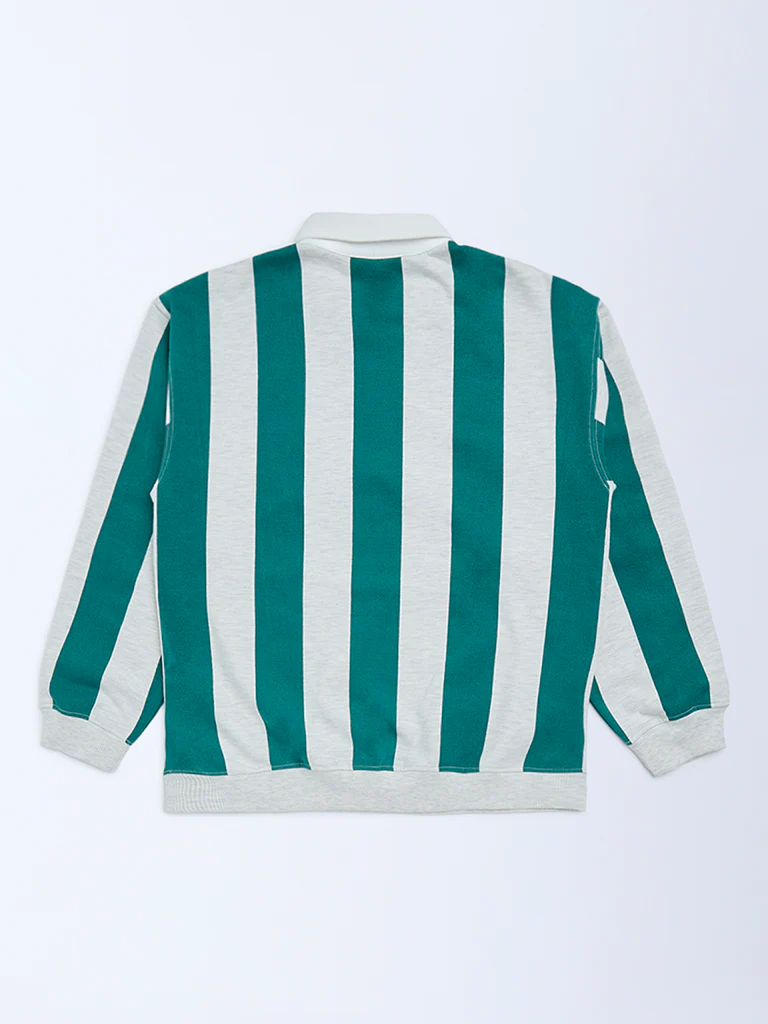 Y&F Kids Boys Green Striped Cotton-Blend Sweatshirt - Image 2