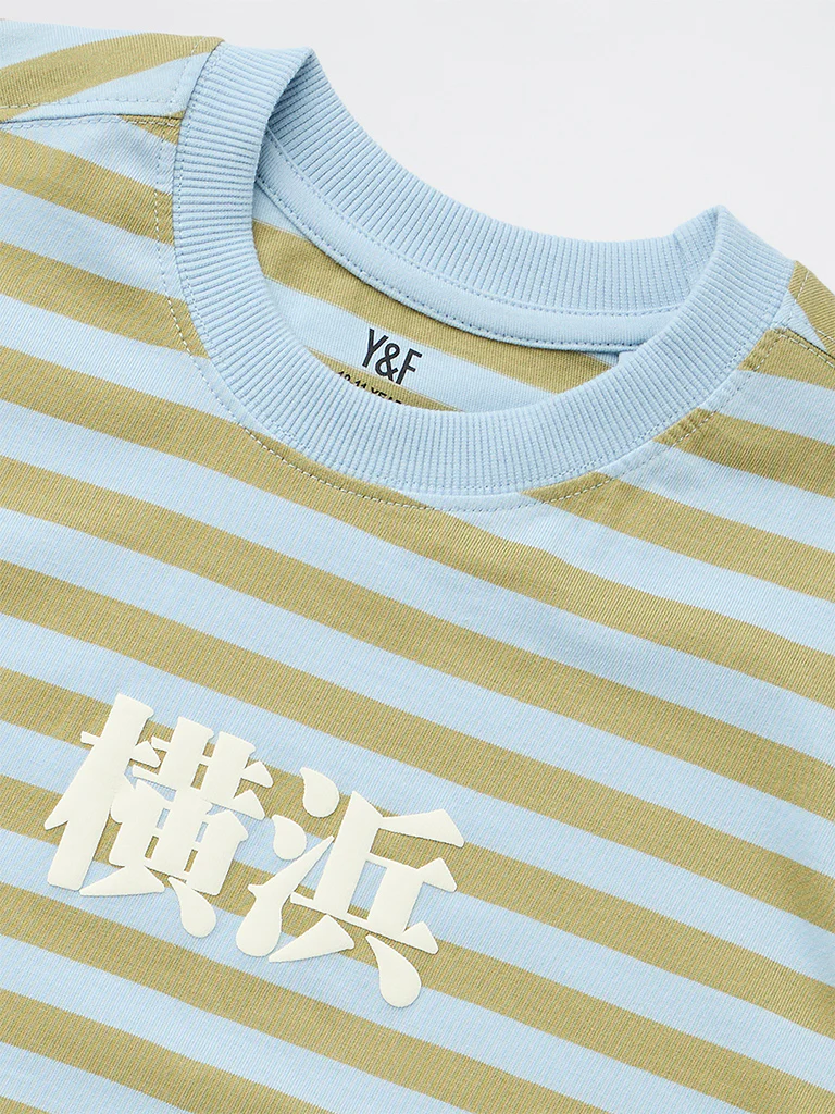 Y&F Kids Boys Green Striped Cotton T-Shirt - Image 3