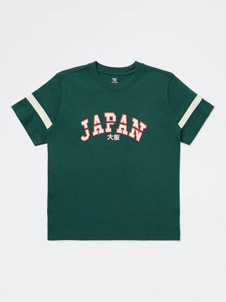 Y&F Kids Boys Green Text Pattern Cotton T-Shirt