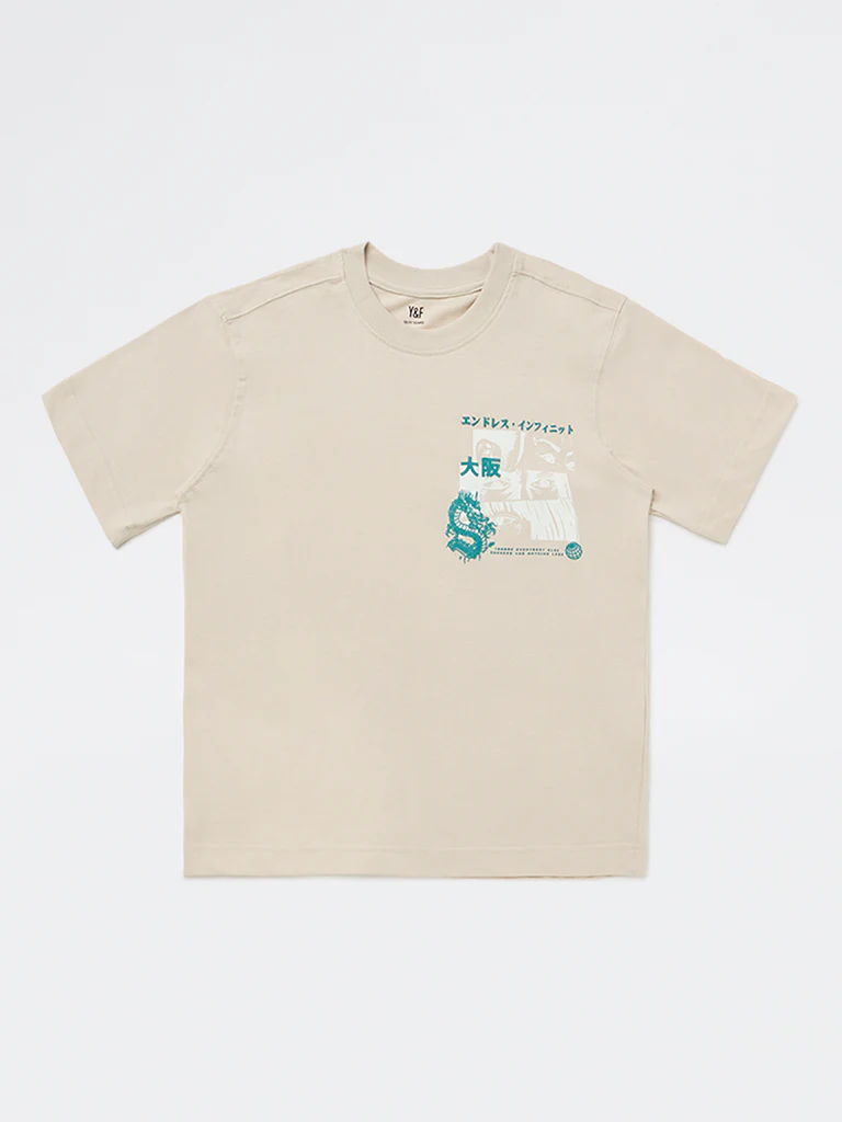 Y&F Kids Boys Light Beige Graphic Printed Cotton T-Shirt - Image 3