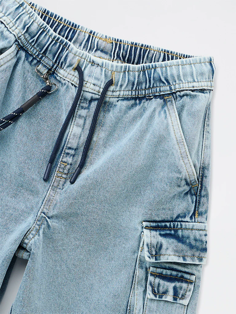Y&F Kids Boys Light Blue Mid-Rise Cotton Cargo Shorts - Image 3