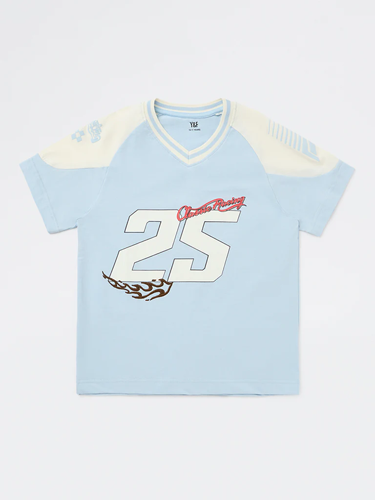 Y&F Kids Boys Light Blue Numerical Printed Cotton T-Shirt - Image 3