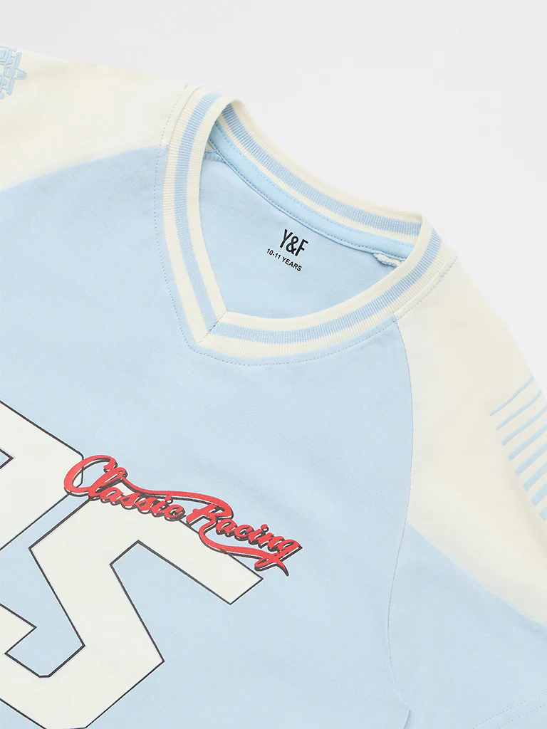 Y&F Kids Boys Light Blue Numerical Printed Cotton T-Shirt - Image 5