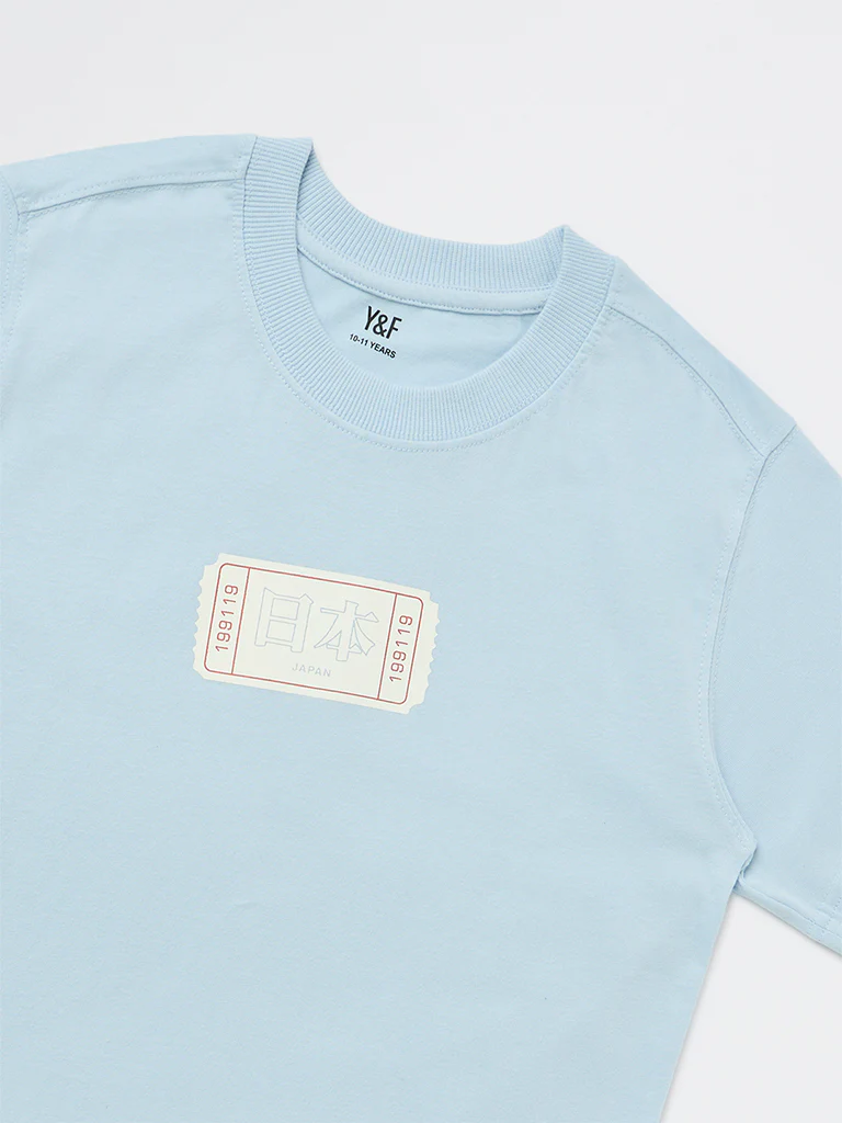 Y&F Kids Boys Light Blue Printed Cotton T-Shirt - Image 5