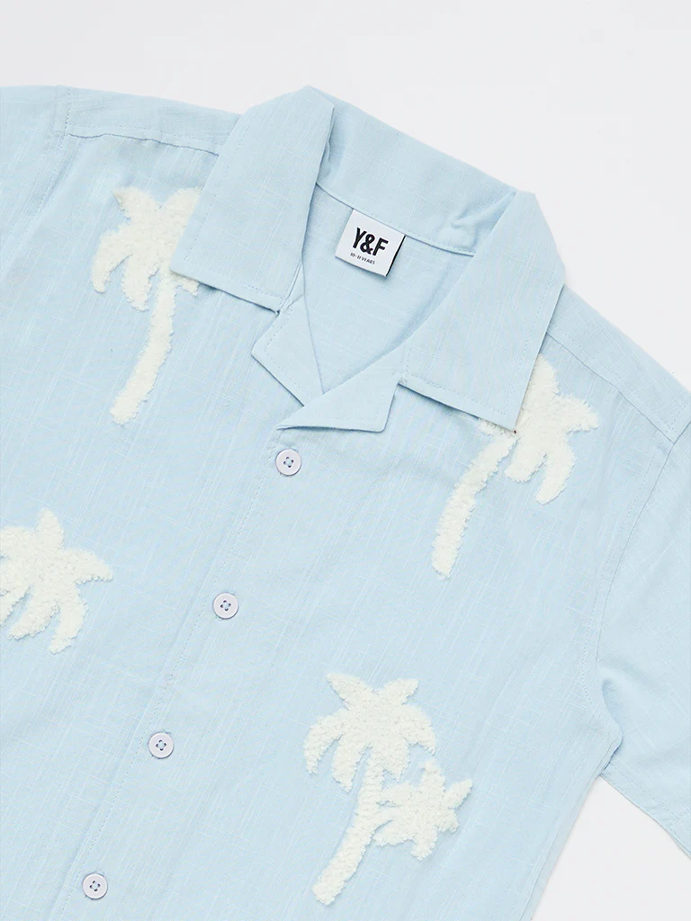 Y&F Kids Boys Light Blue Tropical Embroidered Cotton Shirt - Image 5