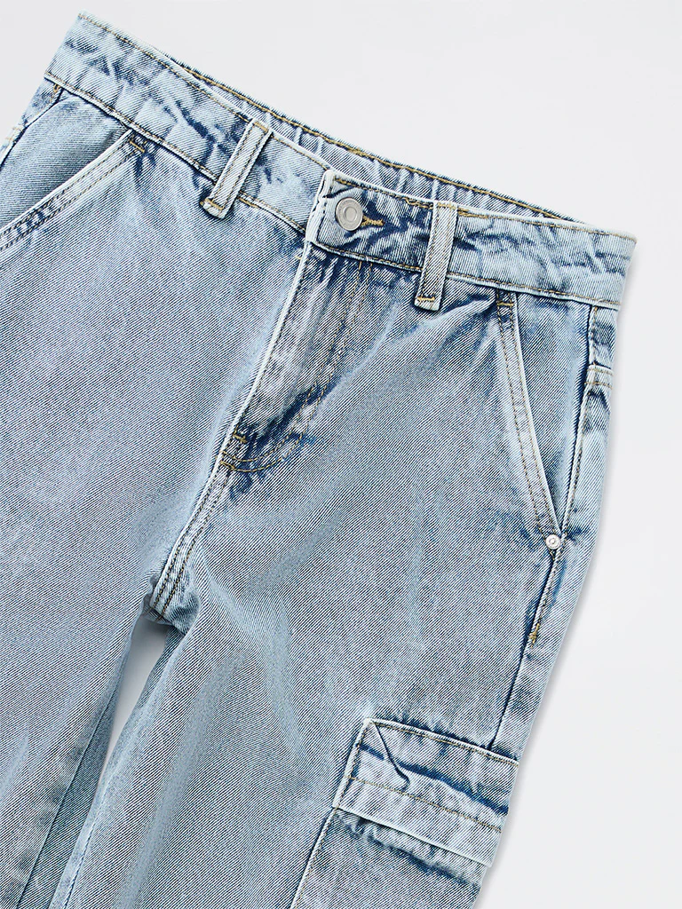 Y&F Kids Boys Light Blue Washed Cargo Jeans - Image 3