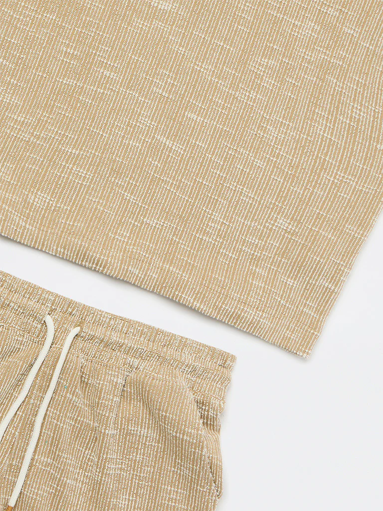 Y&F Kids Boys Light Brown Textured Cotton T-Shirt and Shorts Set - Image 3