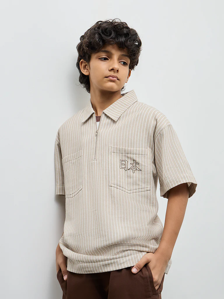 Y&F Kids Boys Light Taupe Striped Cotton Shirt