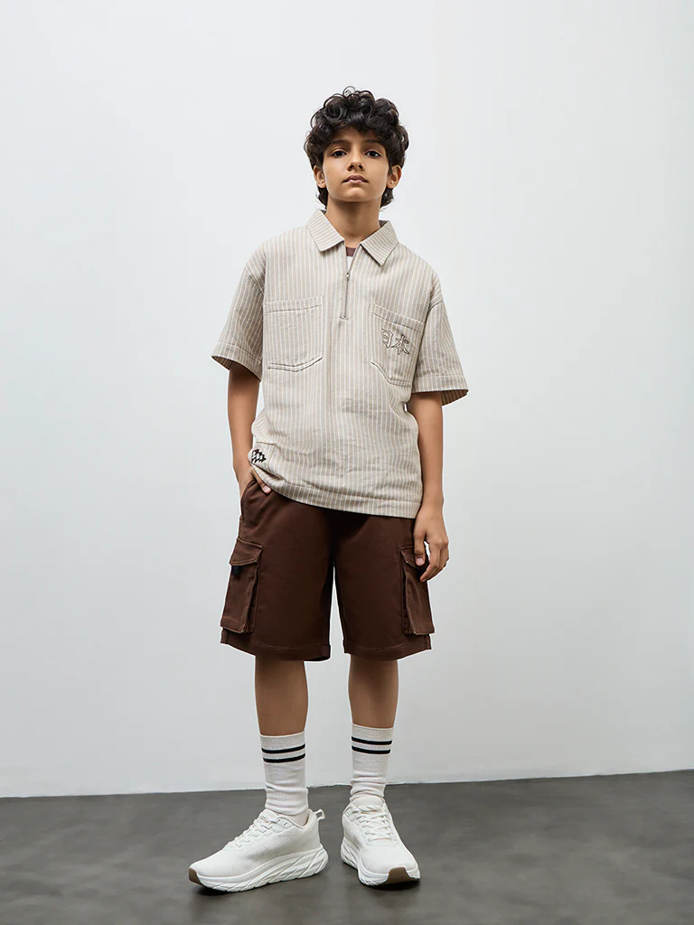 Y&F Kids Boys Light Taupe Striped Cotton Shirt - Image 2