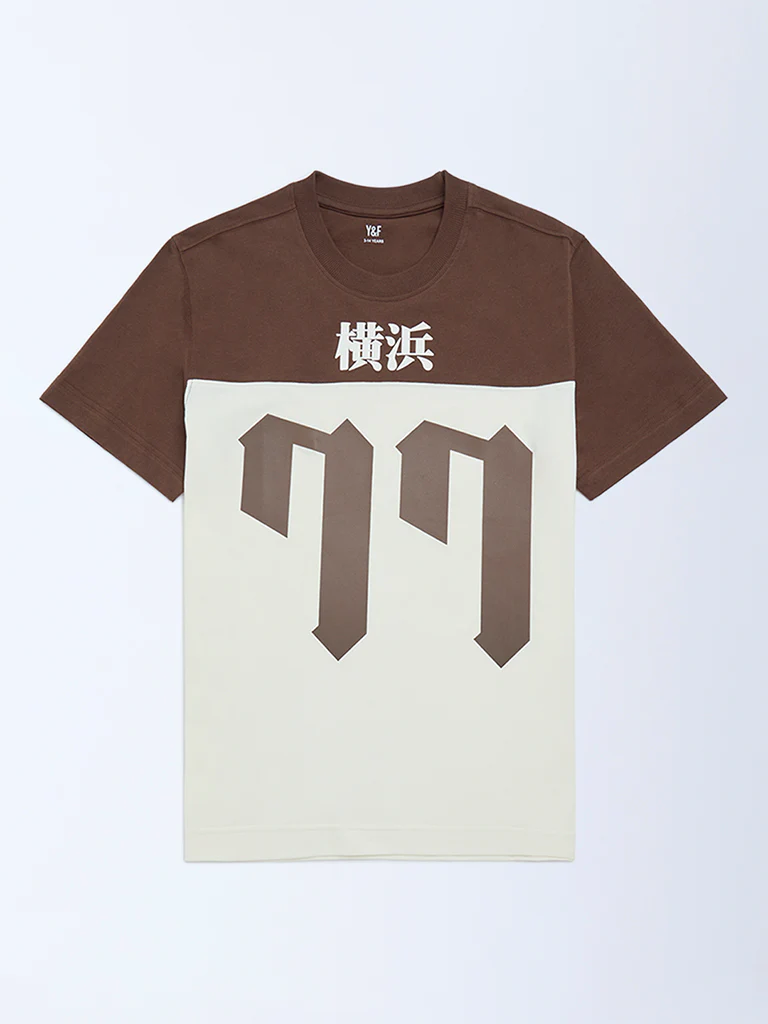 Y&F Kids Boys Off-White Colour-Blocked Cotton T-Shirt