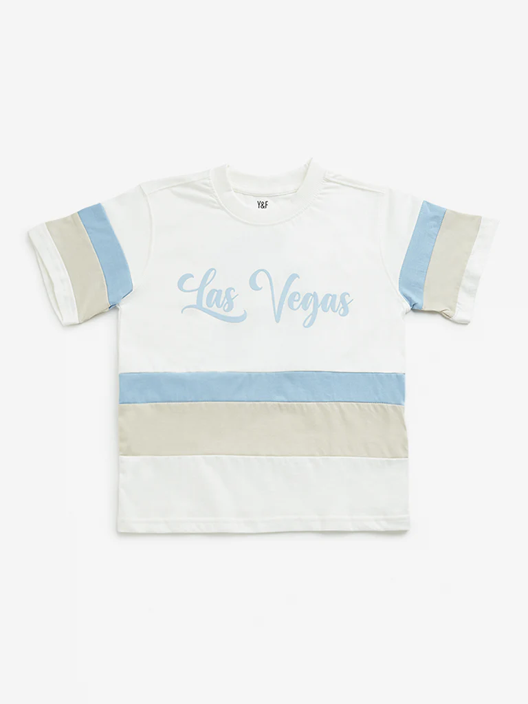 Y&F Kids Boys Off-White Colour Blocked Design Cotton T-Shirt