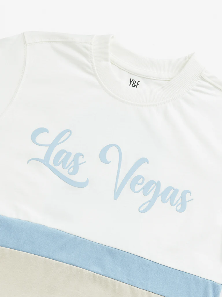 Y&F Kids Boys Off-White Colour Blocked Design Cotton T-Shirt - Image 3