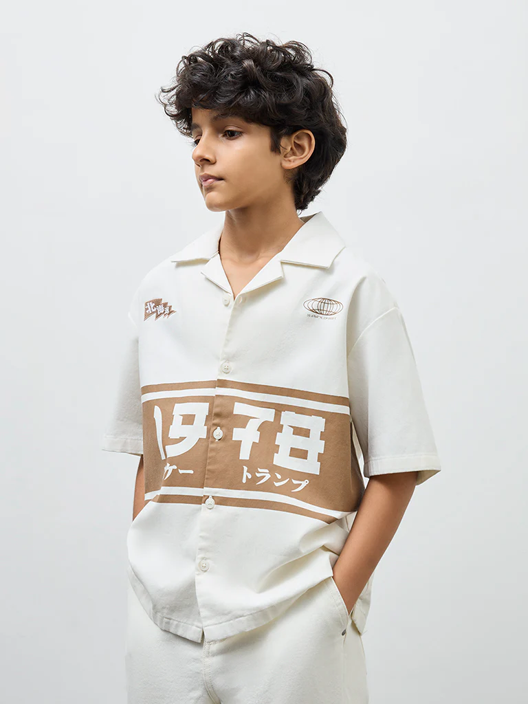 Y&F Kids Boys Off-White Japanese-Inspired Cotton-Blend Shirt - Image 2