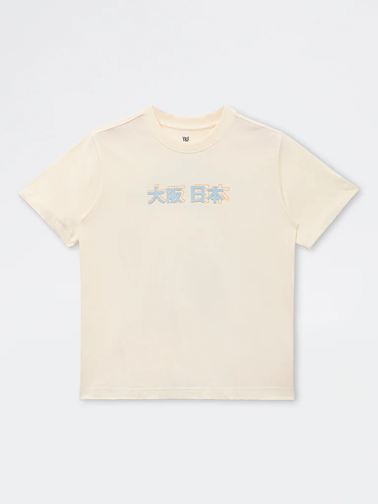 Y&F Kids Boys Off-White Japanese-Inspired Cotton T-Shirt - Image 3