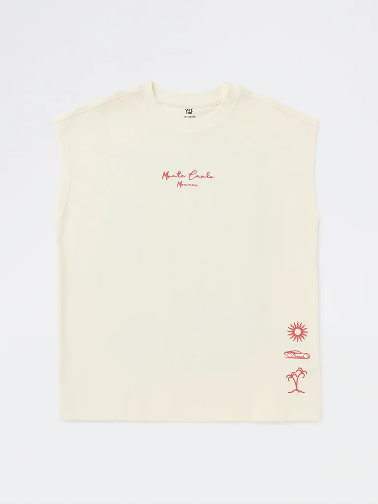 Y&F Kids Boys Off-White Landscape Printed Cotton T-Shirt - Image 3