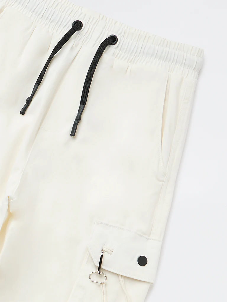 Y&F Kids Boys Off-White Mid-Rise Cotton-Blend Joggers - Image 3