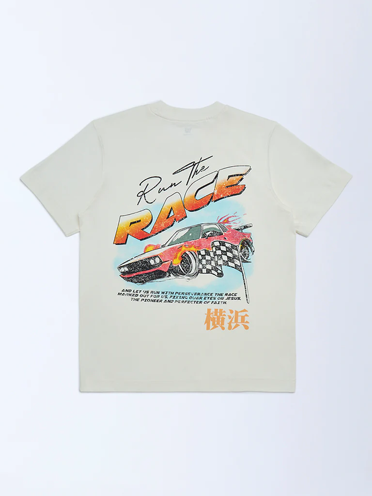 Y&F Kids Boys Off-White Printed Cotton T-Shirt - Image 2