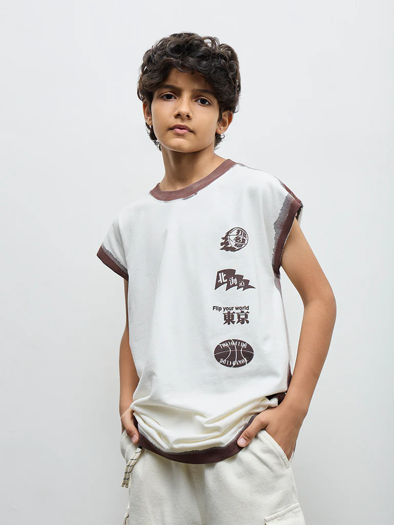 Y&F Kids Boys Off-White Printed Cotton T-Shirt - Image 2