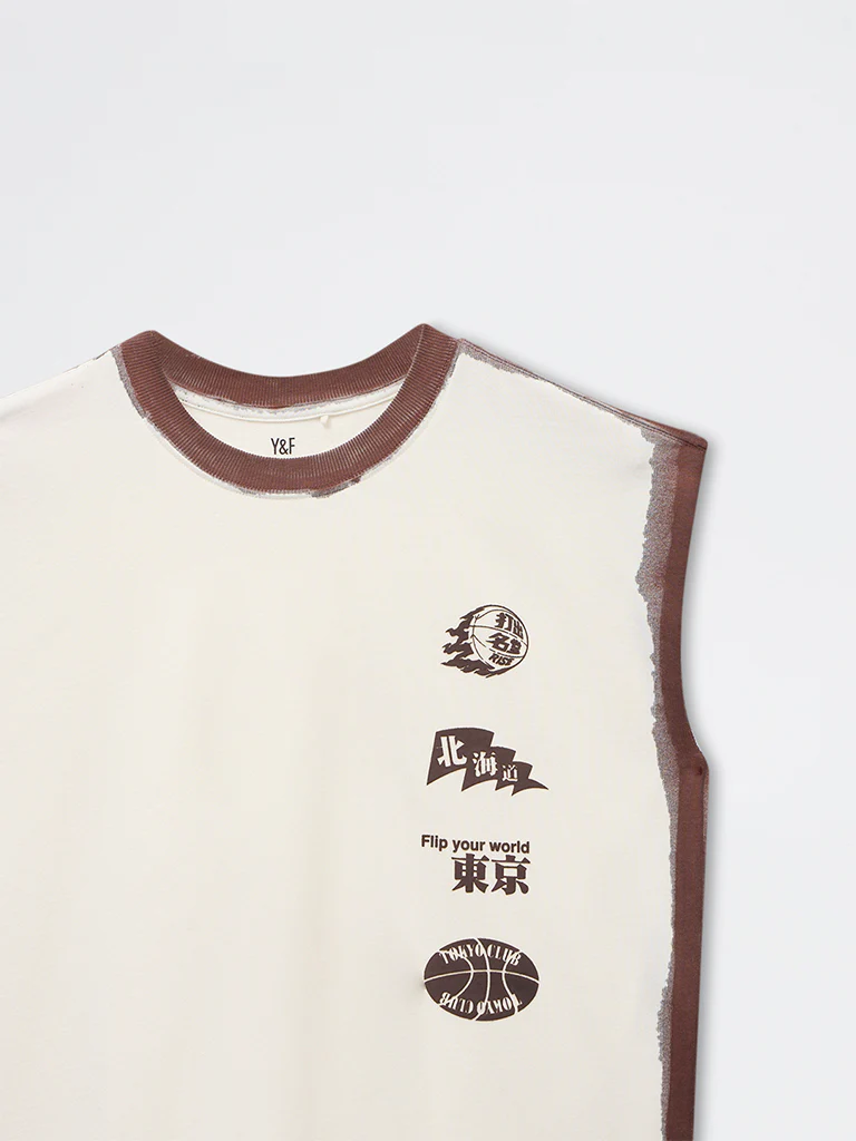 Y&F Kids Boys Off-White Printed Cotton T-Shirt - Image 5