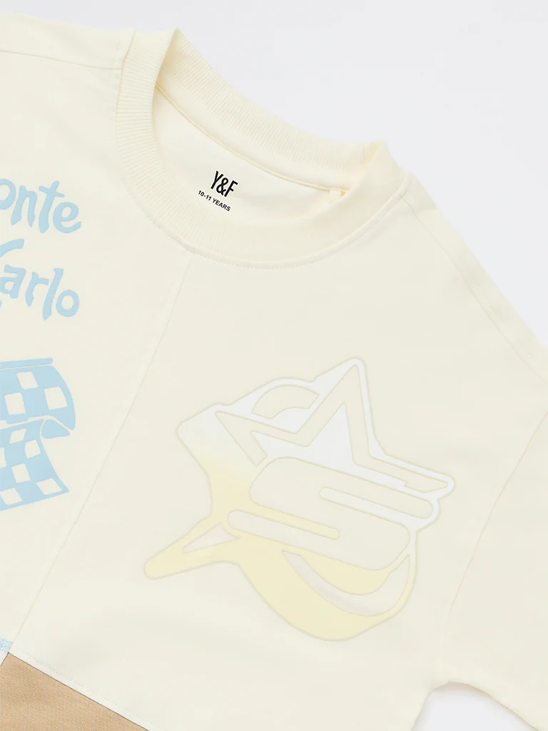Y&F Kids Boys Off-White Printed Cotton T-Shirt - Image 5