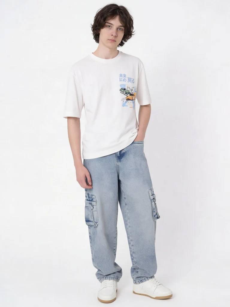 Y&F Kids Boys Off-White Printed Cotton T-Shirt
