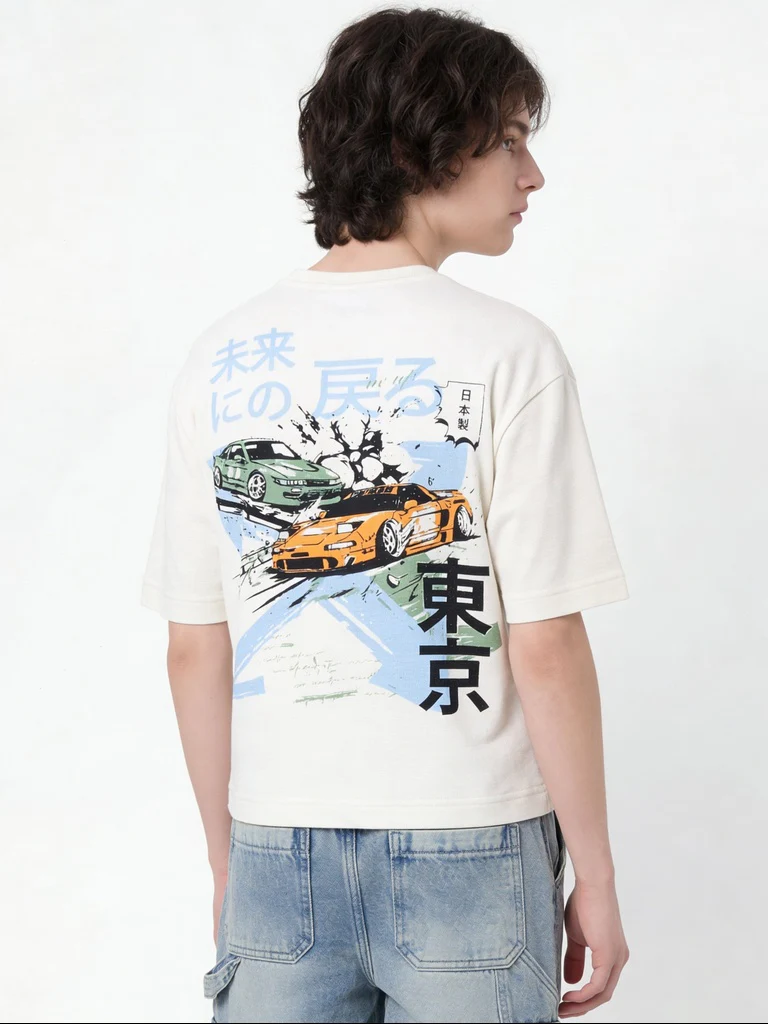 Y&F Kids Boys Off-White Printed Cotton T-Shirt - Image 2