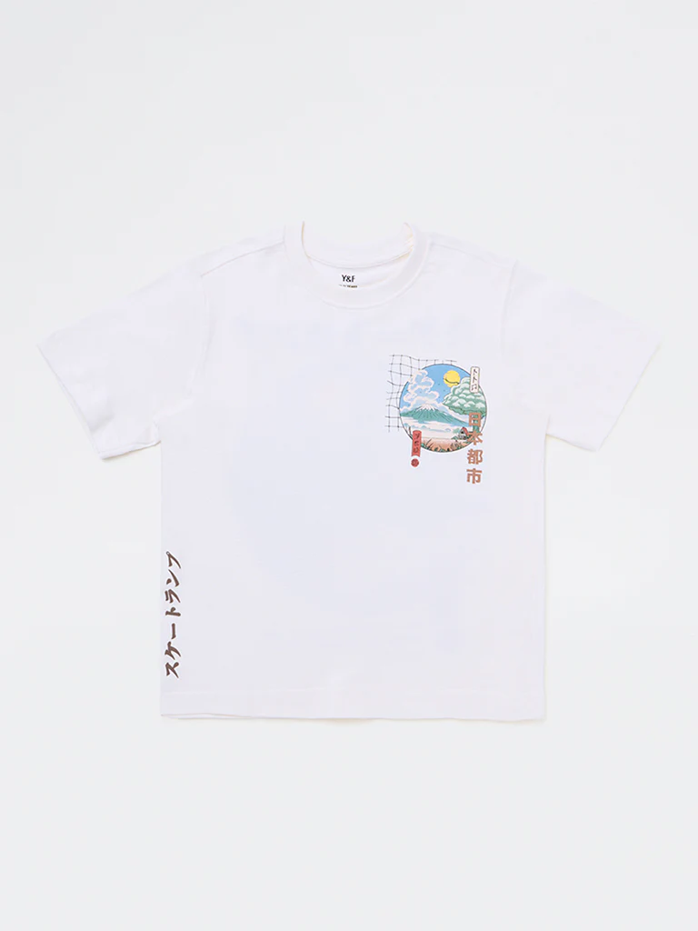 Y&F Kids Boys Off-White Scenic-Inspired Cotton T-Shirt - Image 3
