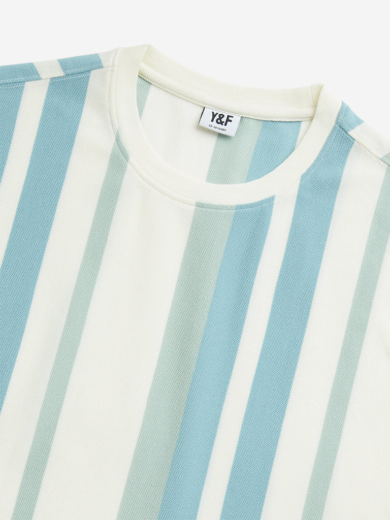 Y&F Kids Boys Off-White Striped Cotton T-Shirt - Image 2