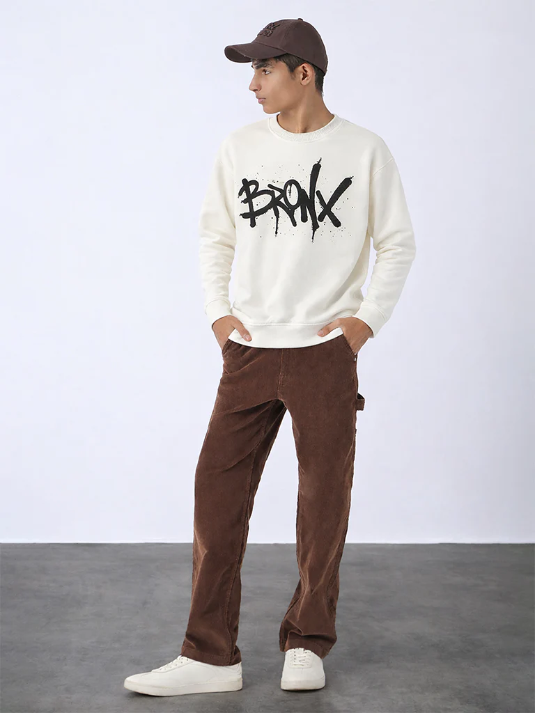 Y&F Kids Boys Off-White Text Printed Cotton-Blend Sweatshirt