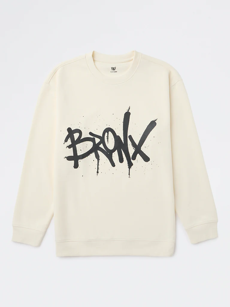 Y&F Kids Boys Off-White Text Printed Cotton-Blend Sweatshirt - Image 2