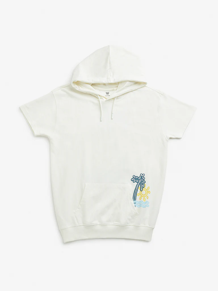 Y&F Kids Boys Off-White Tropical Inspired Hooded Cotton T-Shirt