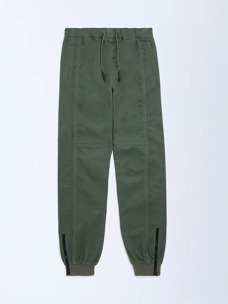 Y&F Kids Boys Olive Mid-Rise Cotton-Blend Joggers
