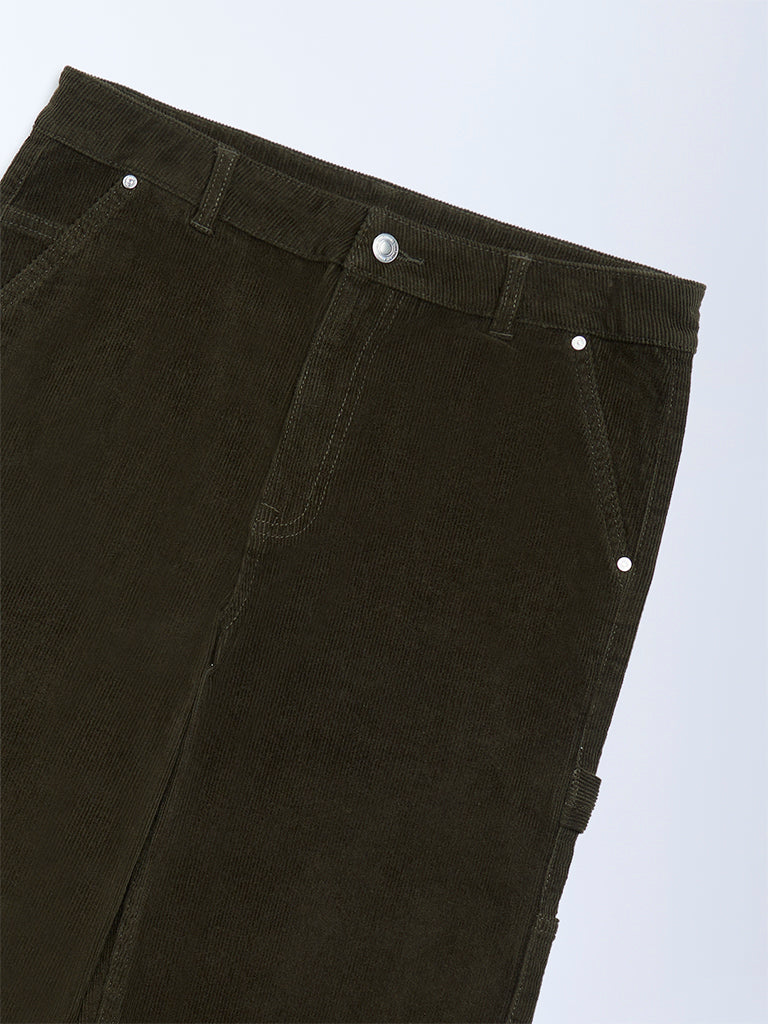 Y&F Kids Boys Olive Relaxed-Fit Mid-Rise Cotton-Blend Trousers - Image 4