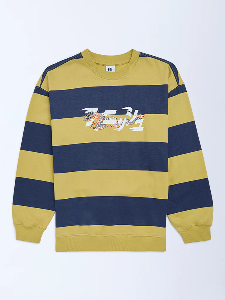 Y&F Kids Boys Olive Striped Cotton Sweatshirt