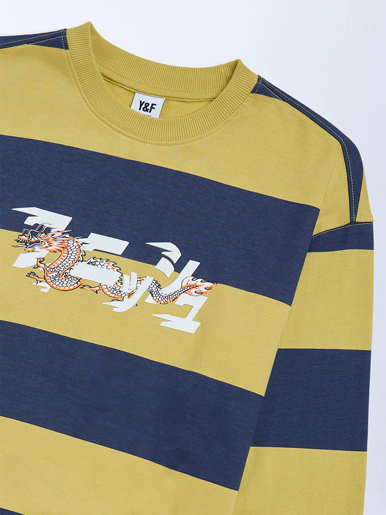 Y&F Kids Boys Olive Striped Cotton Sweatshirt - Image 3