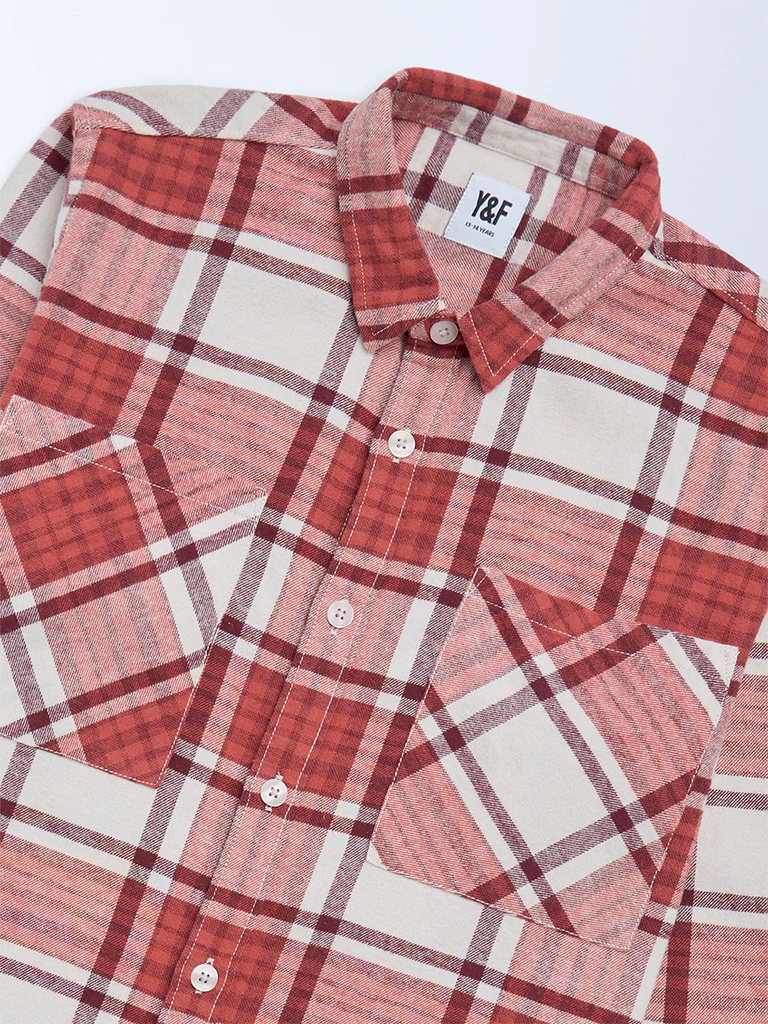 Y&F Kids Boys Red Checks Design Cotton Shirt - Image 4
