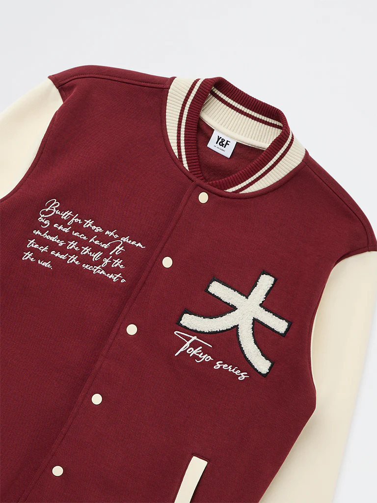 Y&F Kids Boys Red Embroidered Cotton-Blend Varsity Jacket - Image 3