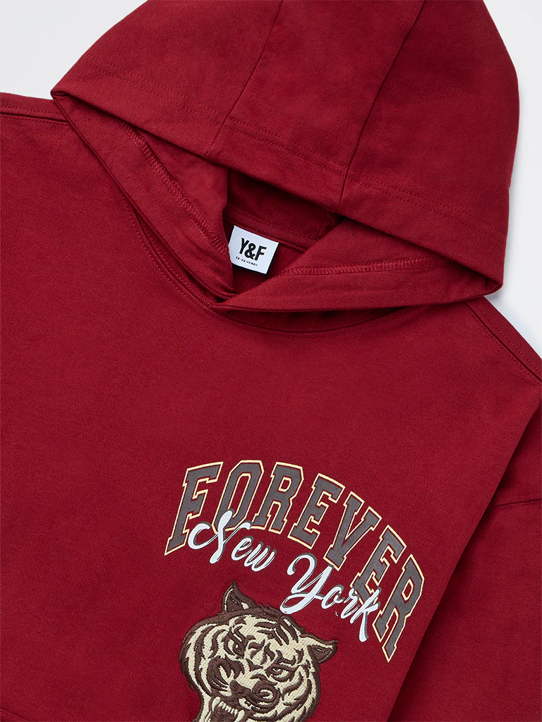 Y&F Kids Boys Red Graphic Printed Cotton Hooded Sweatshirt - Image 3