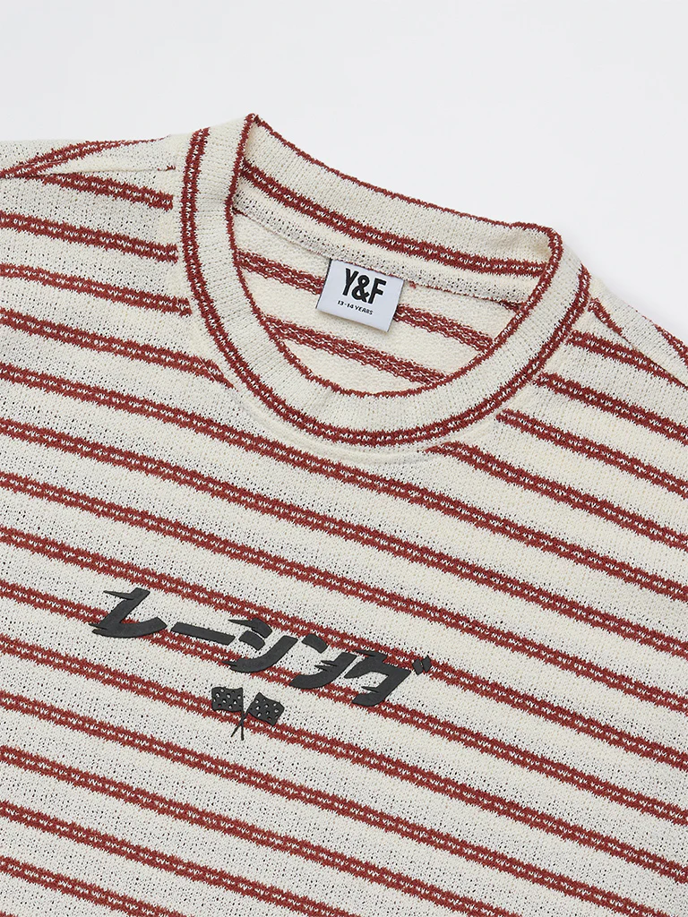 Y&F Kids Boys Red Striped Cotton T-Shirt - Image 3