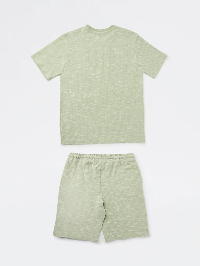 Y&F Kids Boys Sage Textured Cotton T-Shirt and Shorts Set - Image 2
