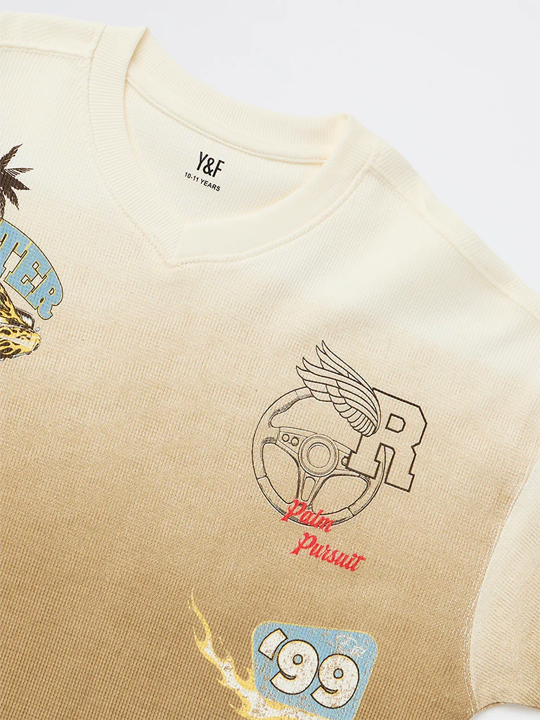 Y&F Kids Boys Taupe Graphic Printed Cotton T-Shirt - Image 5