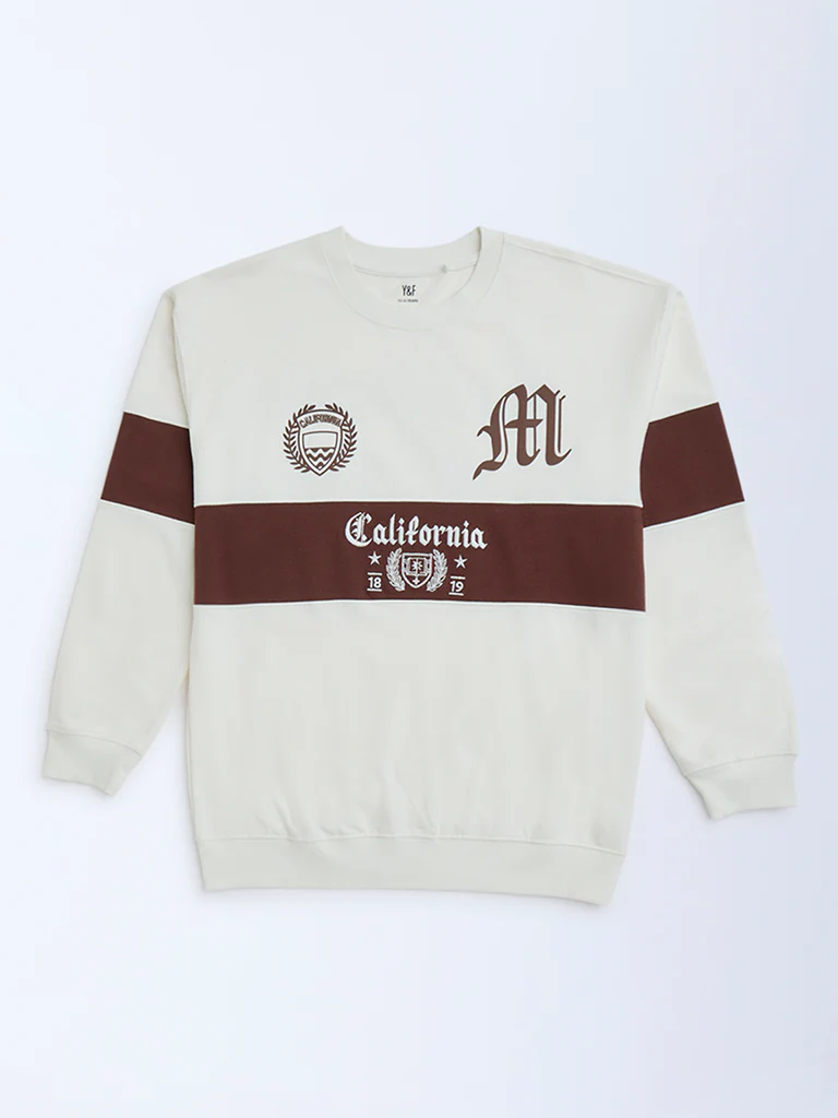Y&F Kids Boys White Colour Blocked Cotton-Blend Sweatshirt