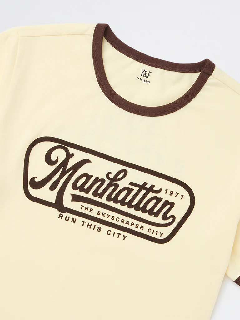 Y&F Kids Boys Yellow Typographic Cotton T-Shirt - Image 3
