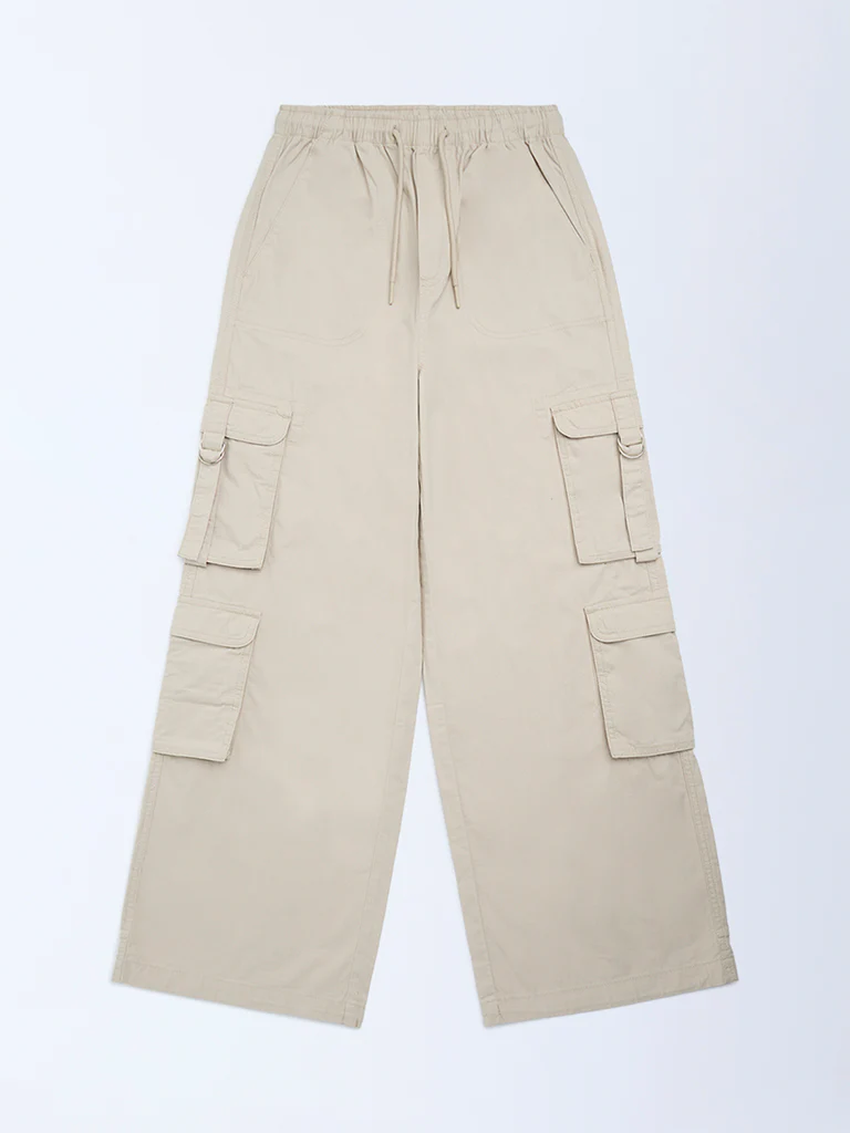 Y&F Kids Girls Beige Cargo-Style High-Rise Cotton Pants