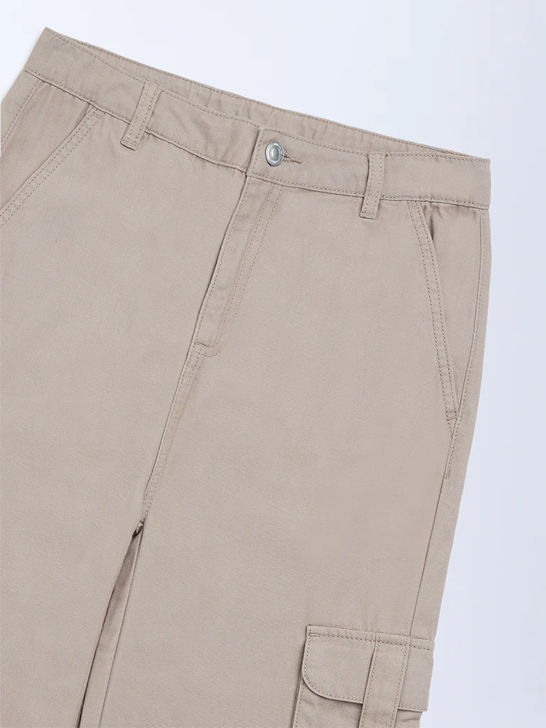 Y&F Kids Girls Beige Cargo-Style High-Rise Cotton Trousers - Image 4