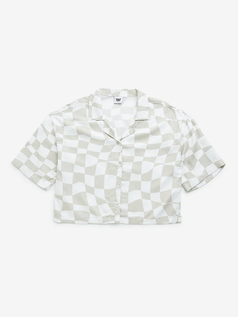 Y&F Kids Girls Beige Checkered Print Cotton Cropped Shirt