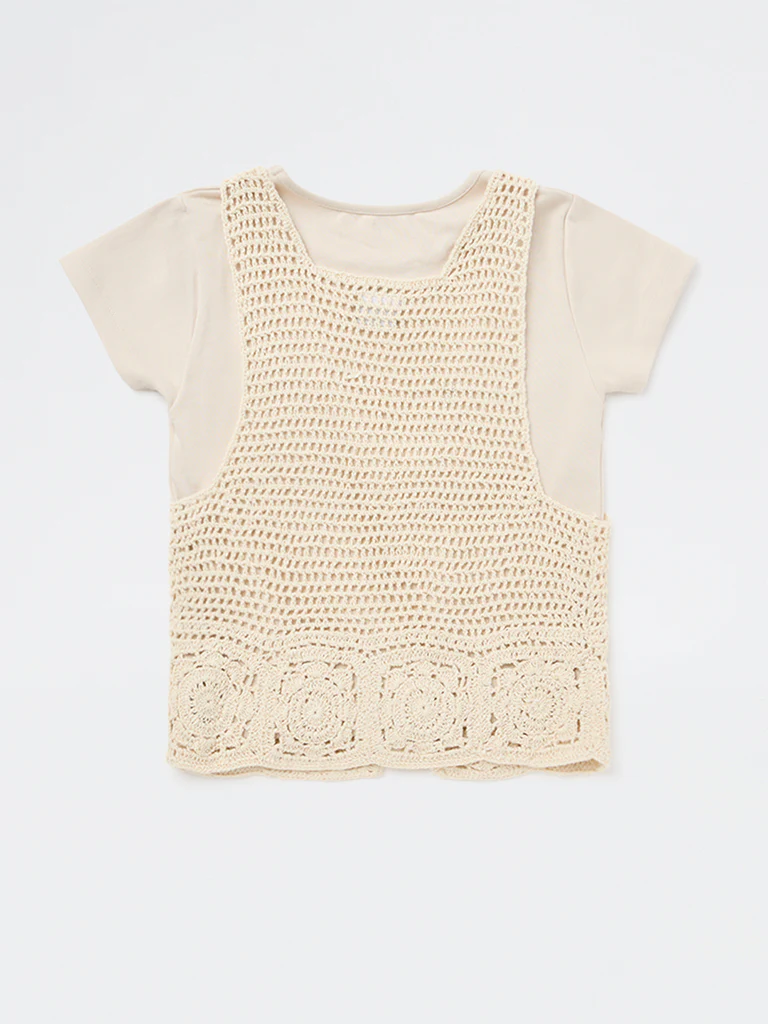 Y&F Kids Girls Beige Crochet Design Cotton-Blend Waistcoat with T-Shirt Set - Image 4