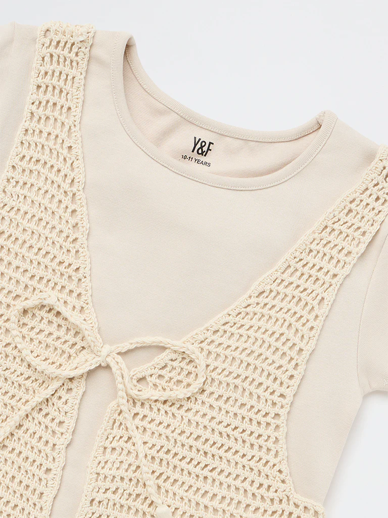 Y&F Kids Girls Beige Crochet Design Cotton-Blend Waistcoat with T-Shirt Set - Image 5