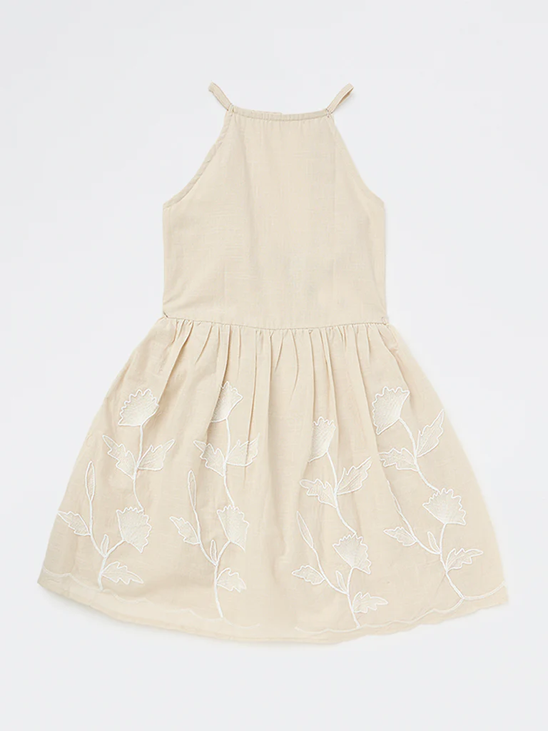 Y&F Kids Girls Beige Floral Cotton Fit-and-Flare Dress - Image 3